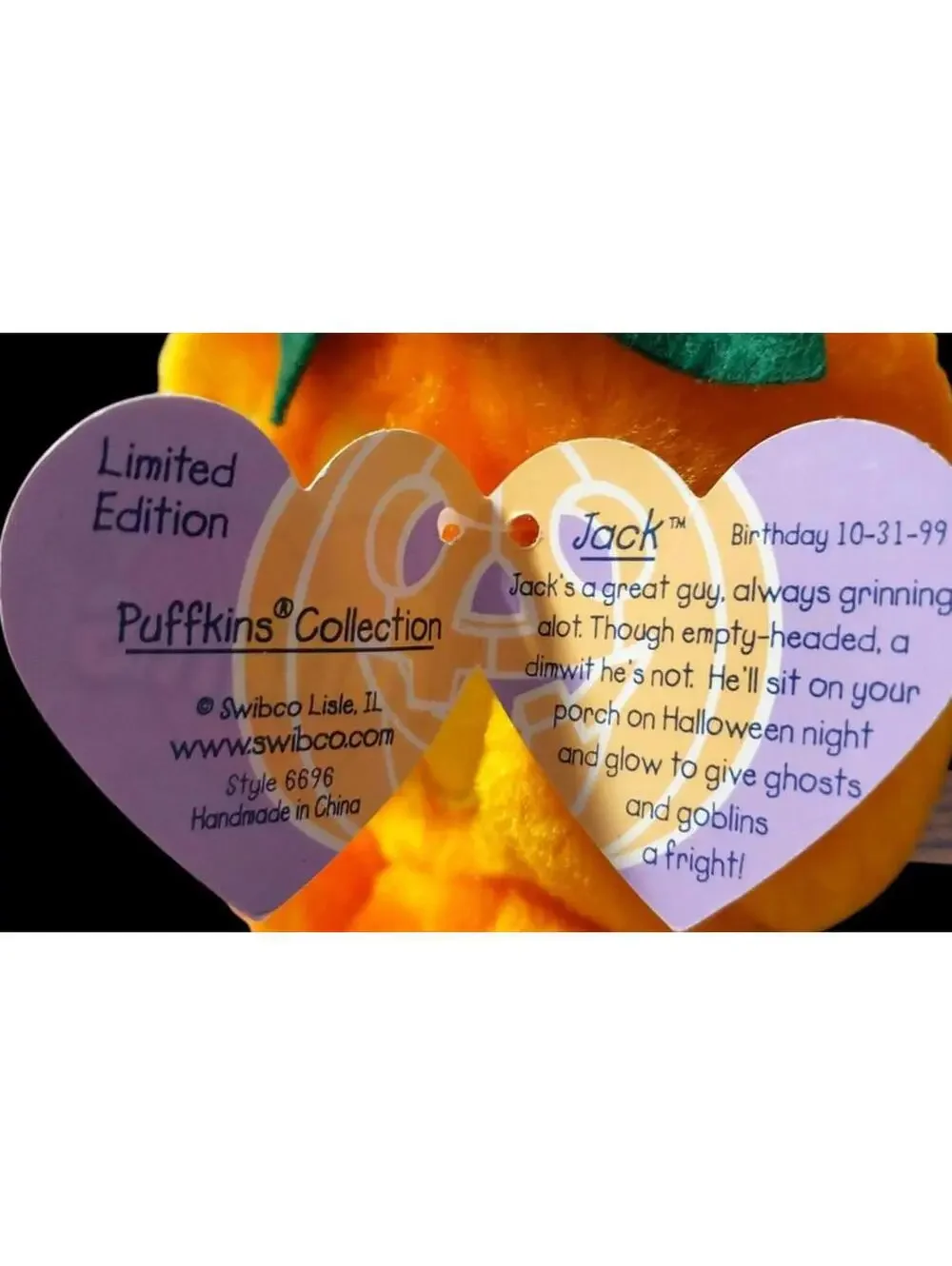 Retired Swibco Puffkins Jack Pumpkin Plush Limited Edition 1999 Halloween w/Tags